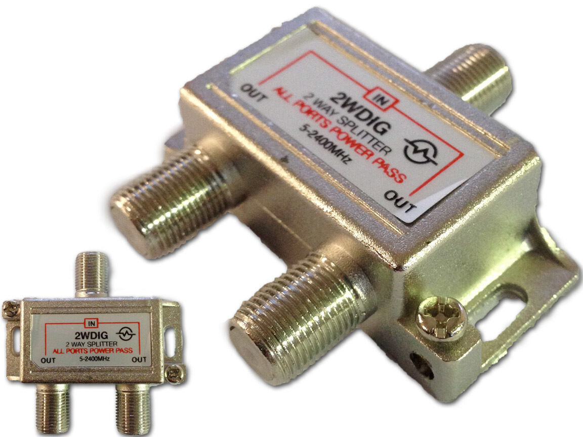 2 Way Digital TV, Satellite, Pay TV Splitter - POWER PASS ON ALL LEGS F TYPE 5-2400GHz PAY TV Approved