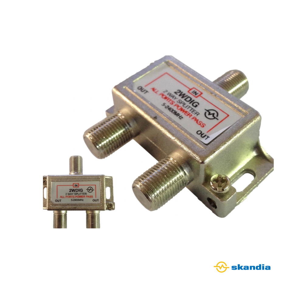 2 Way Digital TV, Satellite, Pay TV Splitter - POWER PASS ON ALL LEGS F TYPE 5-2400GHz PAY TV Approved