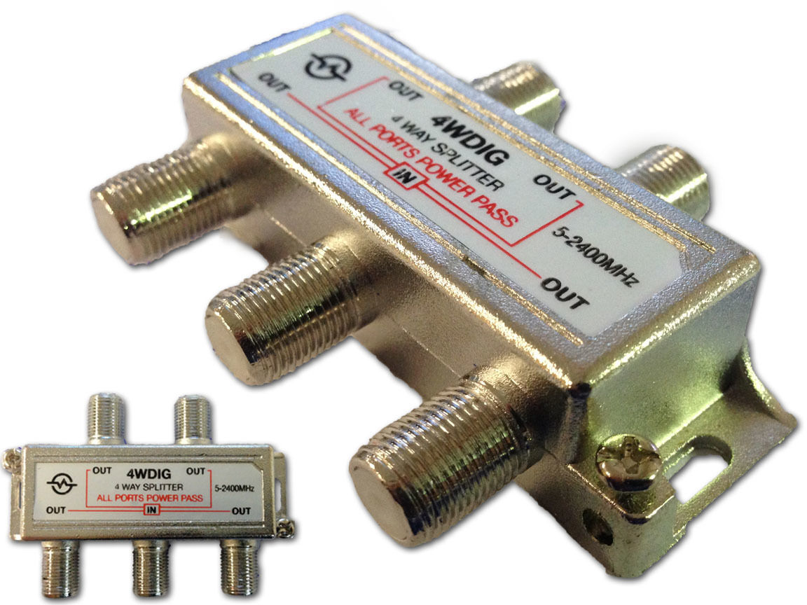 4 Way Digital TV, Satellite, Pay TV Splitter - Power Pass on all Legs F Type 5-2400GHz Pay TV Approved