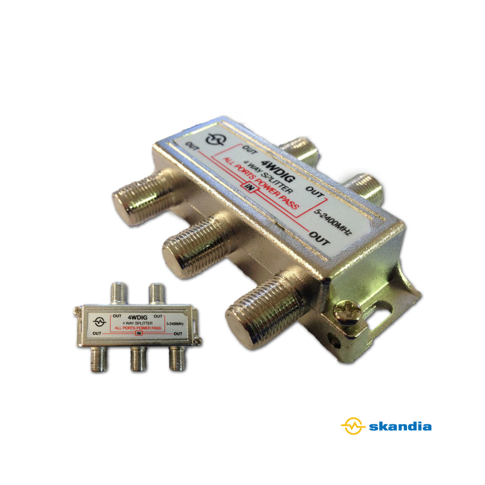 4 Way Digital TV, Satellite, Pay TV Splitter - Power Pass on all Legs F Type 5-2400GHz Pay TV Approved