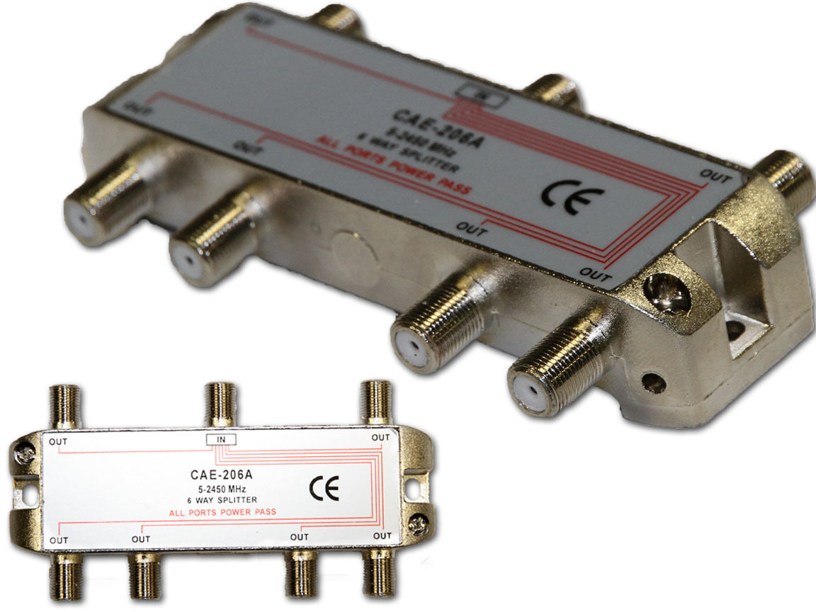 6 Way Digital TV, Satellite, Pay TV Splitter - Power Pass on all Legs F Type 5-2400GHz Pay TV Approved