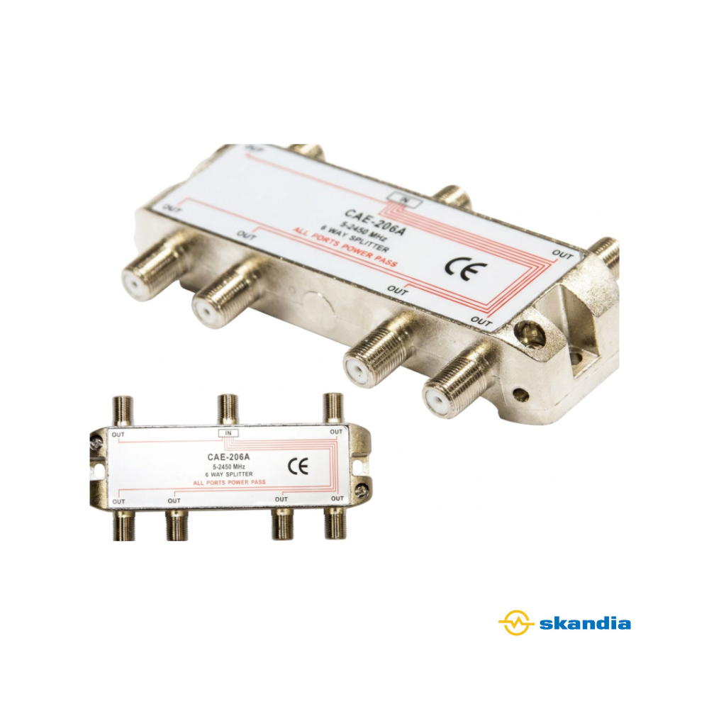 6 Way Digital TV, Satellite, Pay TV Splitter - Power Pass on all Legs F Type 5-2400GHz Pay TV Approved